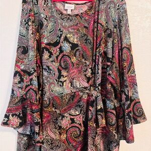 Avenue Black Paisley Tie-Waist Blouse with Pink & Teal Accents